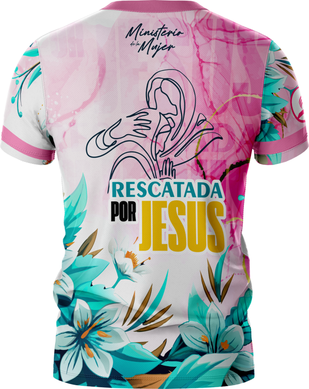 CAMISETA MINISTERIO DE LA MUJER RESCATADA POR JESÚS - Vista trasera