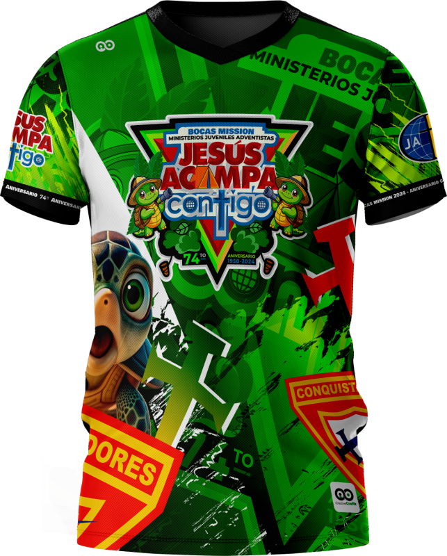 Camiseta Conquistadores 74 Aniversario Jesús Acampa Contigo - Vista frontal